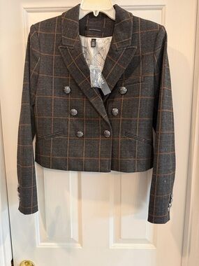 WHBM Gray Windowpane Double-Breasted Cropped Blazer